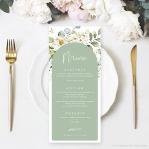 Sage Floral Wedding Menu Template, Editable Wedding Menu Download, 9x4, Printable, Greenery, White Floral, Boho, Arch, VWC66