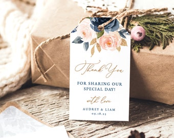 Navy and Blush Wedding Favor Tag, Editable Wedding Favor Tag Template, Printable, Thank You, Navy Blue & Pink Floral, VWT13