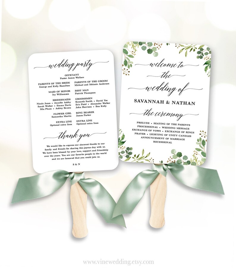 Rustic Greenery Wedding Fan Program, Printable Wedding Fan Program Template, Fan Wedding Programs, DIY Wedding Programs, VWC86 image 1