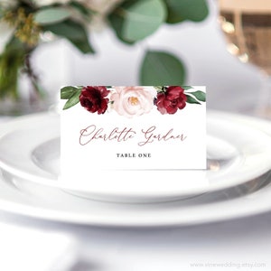 Wedding Place Card and Escort Card, Printable Place Cards Template, Burgundy Pink Floral, Fall, Marsala, Plum, VWT14, VWC83