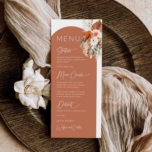 Arch Wedding Menu Template, Boho Wedding Menu, Printable Pampas Wedding Menu, 9x4, Terracotta, Rust, Floral, VWC72