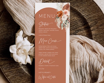 Arch Wedding Menu Template, Boho Wedding Menu, Printable Pampas Wedding Menu, 9x4, Terracotta, Rust, Floral, VWC72