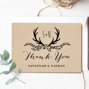 Rustic Wedding Thank You Card, Printable Thank You Card Template, Thank You Card, Rustic Antler, VW19