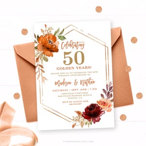 50th Wedding Anniversary Invitation Template, Editable Wedding Anniversary Party Invite, 50 Years, Burnt Orange, Autumn, Fall, VWC74
