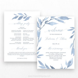 Könnte beinhalten: Ein Programm für eine Hochzeitszeremonie mit einem blauen Aquarell-Blumendesign. Das Programm enthält den Standesbeamten, die Eltern der Braut und des Bräutigams, die Hochzeitsgesellschaft und die Details der Zeremonie. Der Text lautet "wedding party", "welcome to the wedding of Autumn & Ethan", "09.18.23", "the ceremony", und "Thank you".