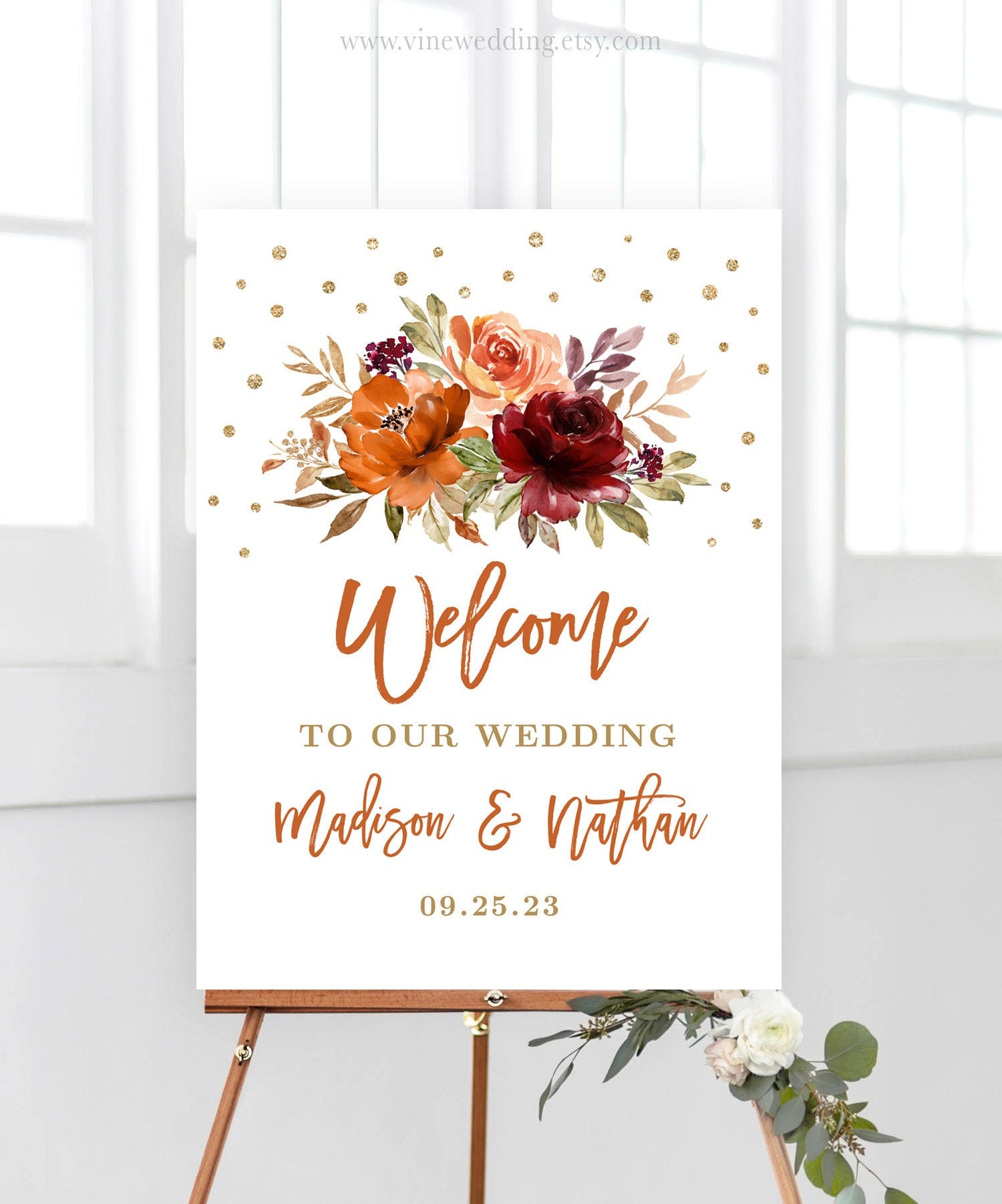 Fall Wedding Welcome Sign, Printable Welcome Sign Template, Editable, Boho,  Fall, Autumn, Sienna, Burnt Orange, Floral, Gold, VWC74 - Etsy México, image size:1500x1802