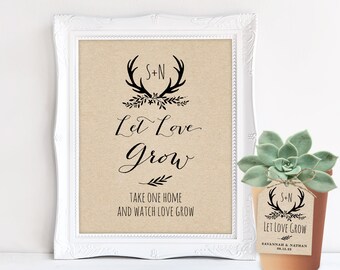 Let love Grow Succulent Favors Sign and Tag, Editable Plant and Flower Favors Sign and Tag Template, Printable, Kraft, Rustic Antler, VW19