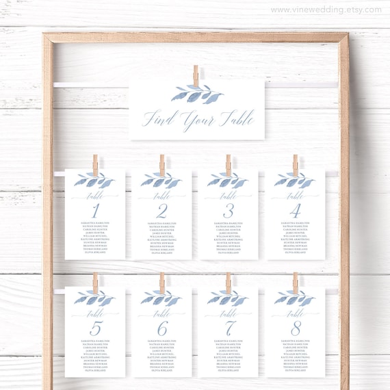 Dusty blue seating chart cards printable wedding seating - etsy