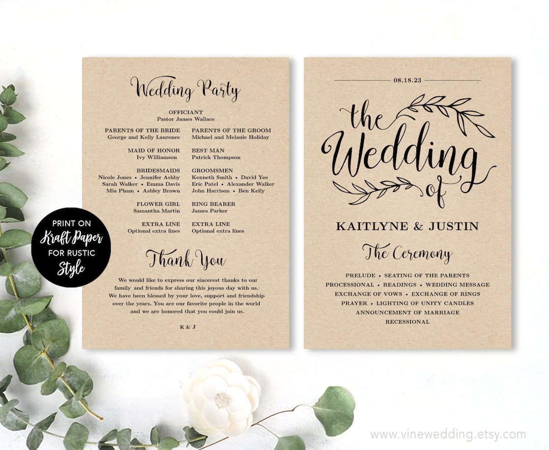 Printable Wedding Program Wedding Program Template Kraft 