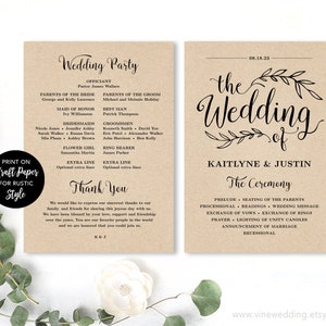Printable Wedding Program, Wedding Program Template, Kraft Wedding Programs, Cheap DIY program, EDITABLE Text, 5x7, VW01