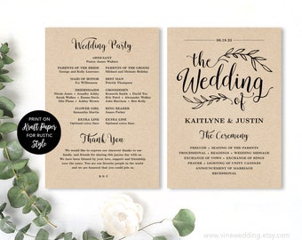 Printable Wedding Program, Wedding Program Template, Kraft Wedding Programs, Cheap DIY program, EDITABLE Text, 5x7, VW01