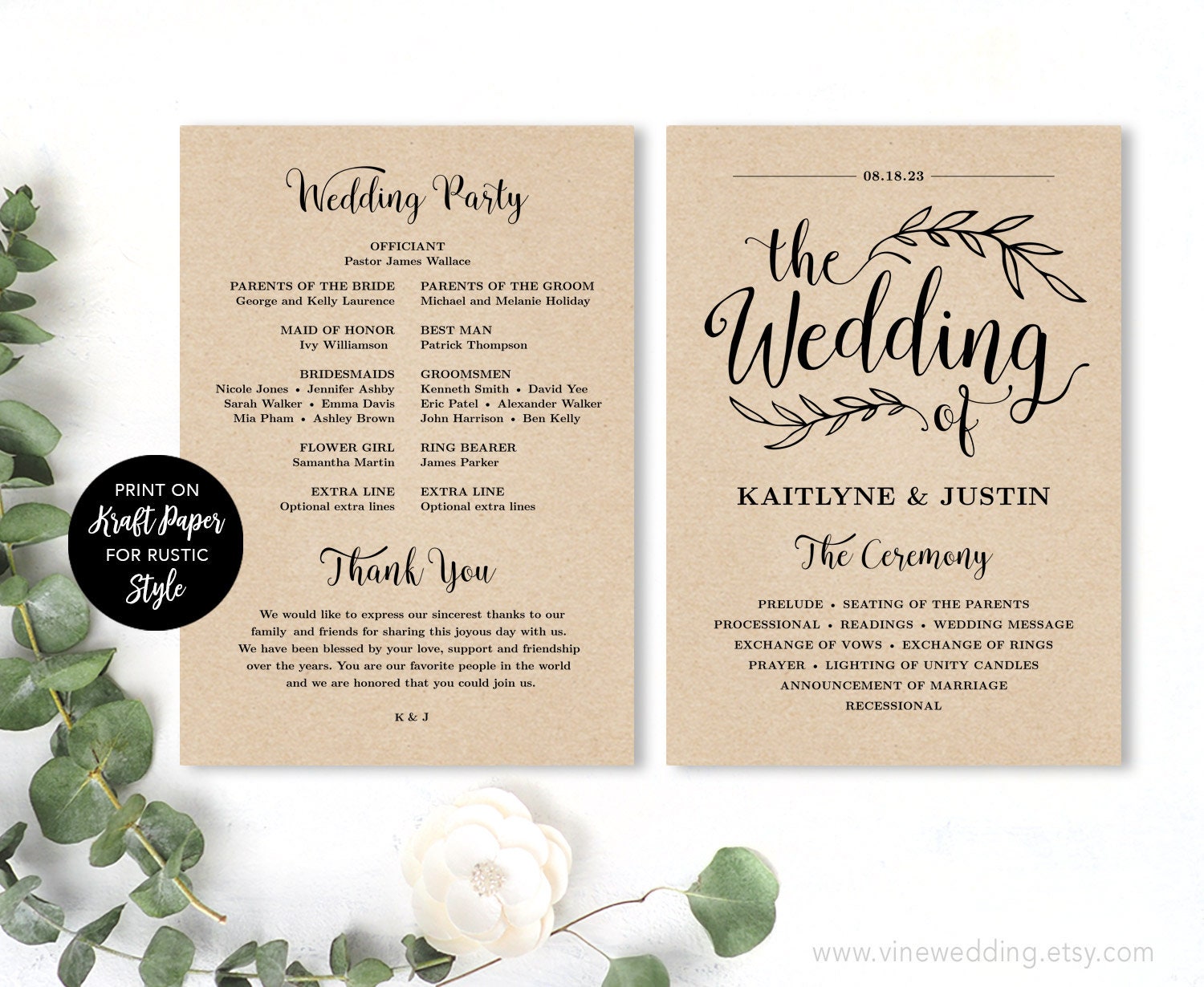 Printable Wedding Program Wedding Program Template Kraft Etsy