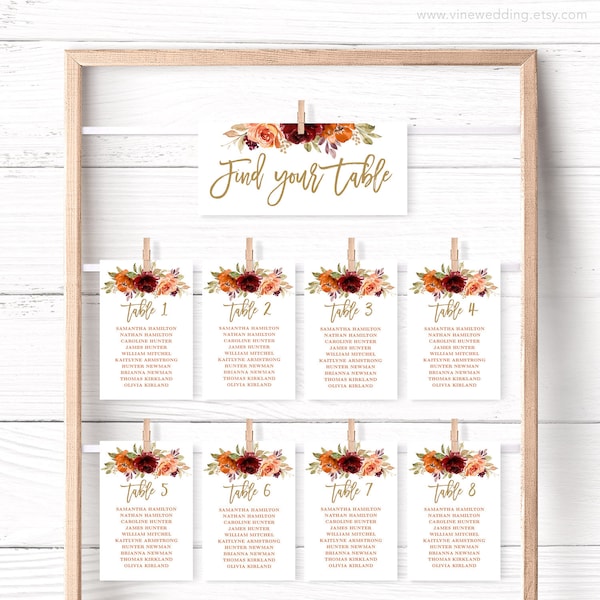 Fall Seating Chart Cards, Printable Wedding Seating Chart Template, Editable, 4x6, 5x7, Autumn, Burgundy, Burnt Orange, Sienna, VWC74