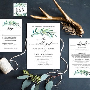 Eucalyptus Wedding Invitation Set, Printable Greenery Wedding Invitation Greenery, Template, Editable, Greenery, VWC84 image 1