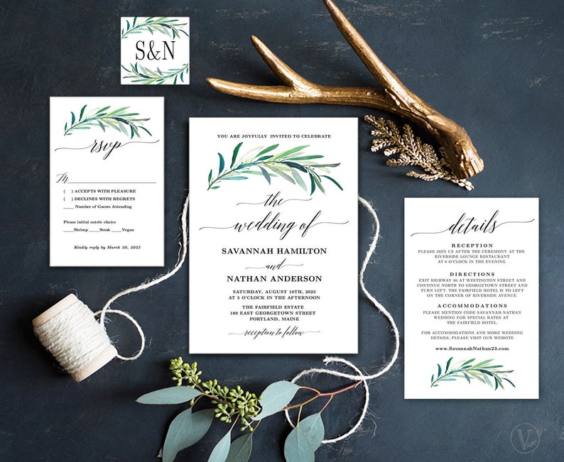 Eucalyptus Wedding Invitation Set, Printable Greenery Wedding Invitation Greenery, Template, Editable, Greenery, VWC84 image 1