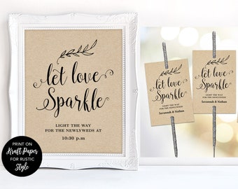 Sparkler Send Off Sign & Tags Set, Printable Wedding Sparkler Sign and Tags Template, Let Love Sparkle Tags, VW01