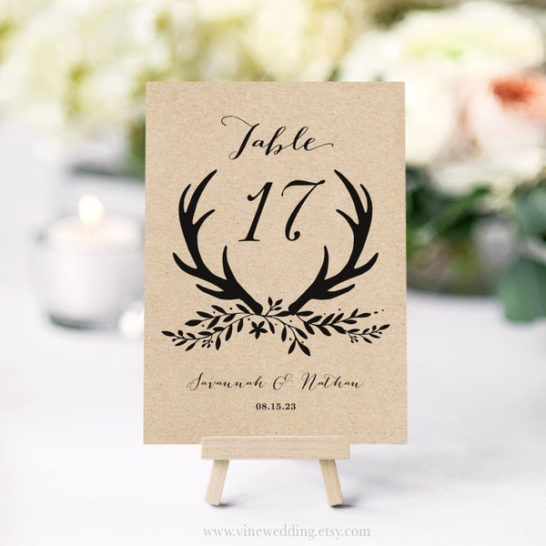 Editable Rustic Wedding Table Numbers, Reserved and Head Table Signs Included, Printable, DIY, Kraft, 5x7 and 4x6 Size, Rustic Antler, VW19