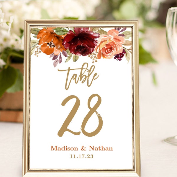 Editable Table Numbers Template, Wedding Table Number Cards, Printable, 5x7 or 4x6, Fall, Autumn, Boho, Floral, Burnt Orange, VWC76, VWC74