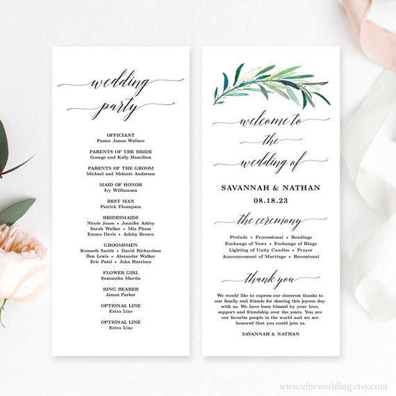 3.75x9 Editable Long Wedding Program Rustic Foliage Wedding Program Template Printable Wedding Program INSTANT DOWNLOAD Template