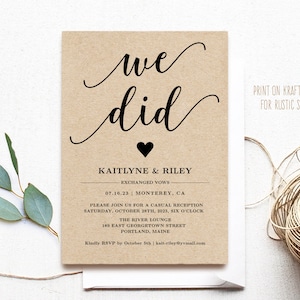 Elopement Reception Invitation, Printable Elopement Announcment, Editable Text, 5x7, Modern Calligraphy, We Did, VWC88