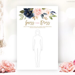 Guess the Dress Game, Bridal Shower Drawing Game, Printable Party Game Card, Guess the Wedding Dress, Navy, Pink, Blush, Floral, VWC78