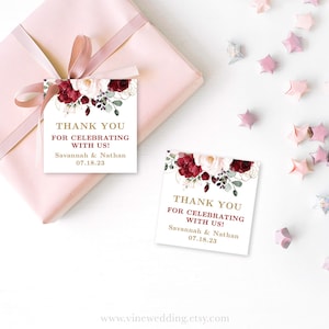 Square Thank You Favor Tag or Label Template, Printable Bridal Shower Favor Tags, Editable, Burgundy, Blush, Pink, Floral, VWC83, VWT14