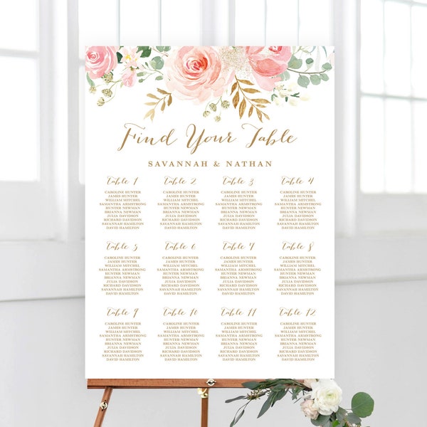 Wedding Seating Chart Template, Printable Wedding Seating Chart Poster, Editable Seating Chart, Blush Pink Floral, VWC94