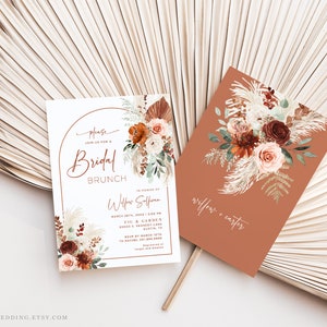 May include: Two printable bridal shower invitations with a boho theme. The invitations feature a watercolor floral design with pampas grass and a terracotta background. The text on the invitations reads "Please join us for a Bridal Brunch" and "Willow + Carter".