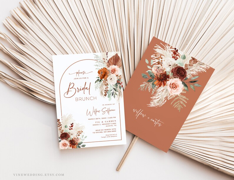 May include: Two printable bridal shower invitations with a boho theme. The invitations feature a watercolor floral design with pampas grass and a terracotta background. The text on the invitations reads "Please join us for a Bridal Brunch" and "Willow + Carter".