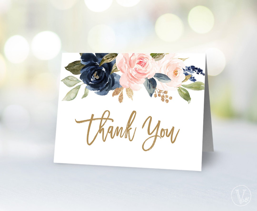 Printable Thank You Card, Navy Pink Floral Thank You Card, Bridal ...
