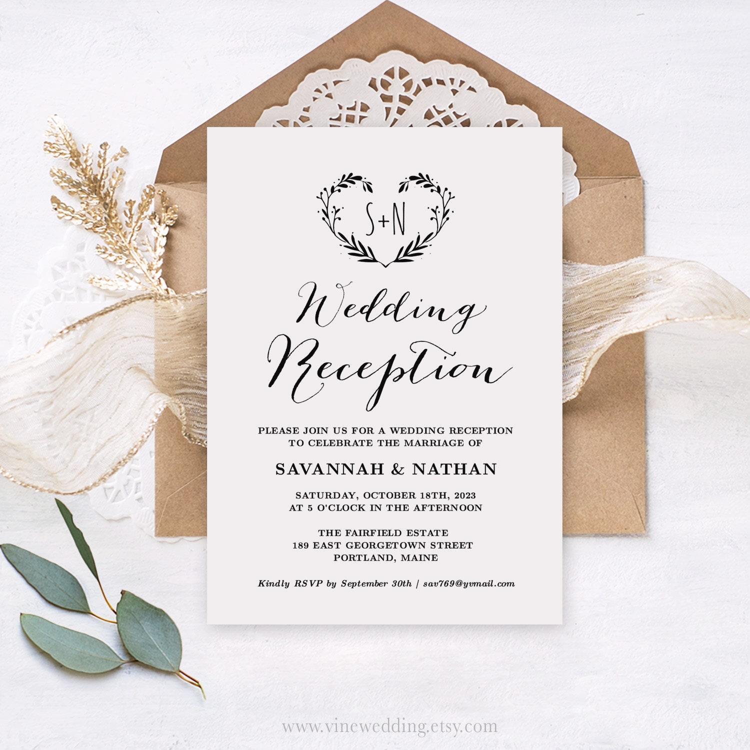 Editable Wedding Reception Invitation Template Printable Wedding Reception Invite Card Rustic Heart Wreath Kraft DIY VW08 Etsy
