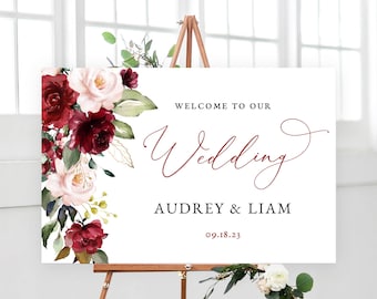 Wedding Welcome Sign, Printable Wedding Welcome Sign Template, Calligraphy Wedding Sign, Fall, Landscape, Wine, Burgundy Pink Floral, VWT14