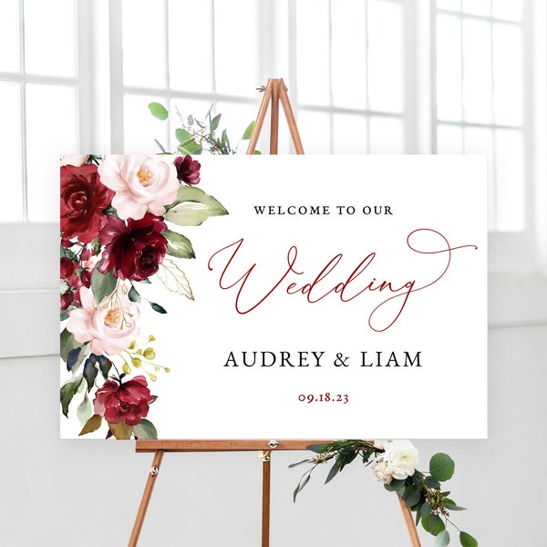 Wedding Welcome Sign, Printable Wedding Welcome Sign Template, Calligraphy Wedding Sign, Fall, Landscape, Wine, Burgundy Pink Floral, VWT14