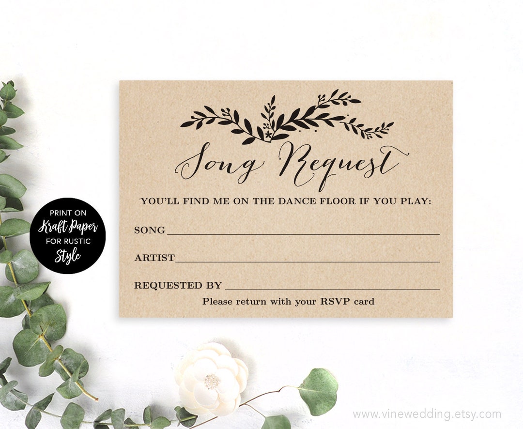 Printable Song Request Card, Wedding Song Request Card, DIY, Kraft ...