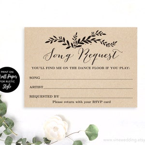 Printable Song Request Card, Wedding Song Request Card, DIY, Kraft, Rustic, VW19