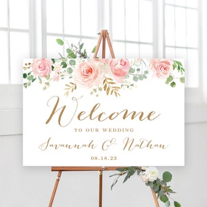 Wedding Welcome Sign, Printable Wedding Welcome Sign Template, Landscape, Horizontal, Editable, Blush Pink Floral, Blush, Gold, VWC94