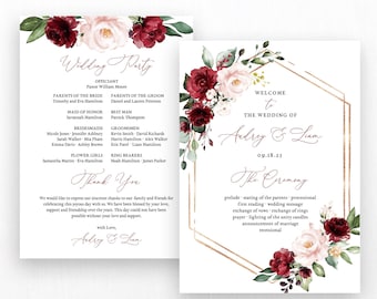 Wedding Program Template, Printable Wedding Programs, Editable Text, 5x7, Burgundy Pink Floral, Fall, Wine, Plum, VWT14