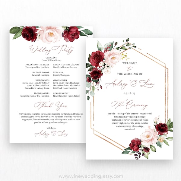 Wedding Program Template, Printable Wedding Programs, Editable Text, 5x7, Burgundy Pink Floral, Fall, Wine, Plum, VWT14