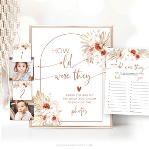 How Old Were They? Bridal Shower Game Sign and Answer Cards, Editable, Printable Bridal Shower Game Sign, Boho, Pampas, Palm, VWC69