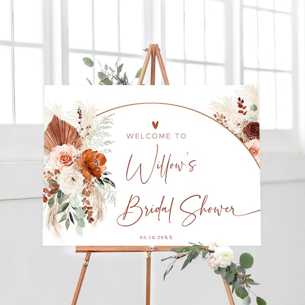 Bridal Shower Welcome Sign, Printable Bridal Shower Welcome Sign Template, Editable, Boho Bridal Shower, Pampas, Terracotta, VWC71