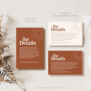 Peut inclure: Cartes de d&eacute;tails de mariage en terracotta et cr&egrave;me. Les cartes pr&eacute;sentent le texte "the Details" avec un motif de soleil. Les cartes sont disponibles en tailles de 10,16 x 15,24 cm et 12,7 x 8,89 cm. Les cartes incluent des informations de mariage.