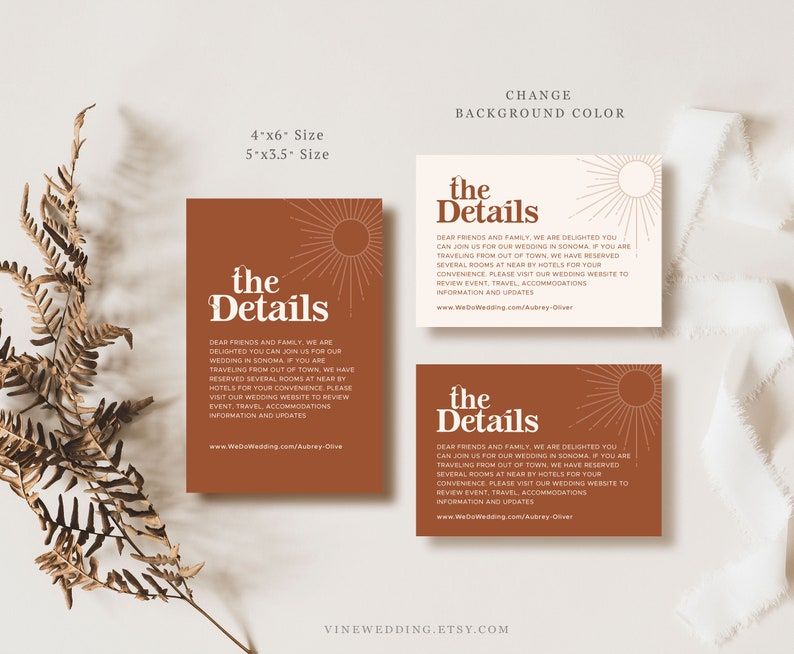 Peut inclure: Cartes de d&eacute;tails de mariage en terracotta et cr&egrave;me. Les cartes pr&eacute;sentent le texte "the Details" avec un motif de soleil. Les cartes sont disponibles en tailles de 10,16 x 15,24 cm et 12,7 x 8,89 cm. Les cartes incluent des informations de mariage.