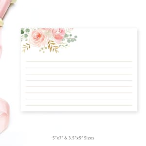 Blank Notecards, Printable Bridal Shower Note Cards,  Floral, Blush Pink, Gold, VWC95