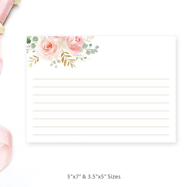 Blank Notecards, Printable Bridal Shower Note Cards,  Floral, Blush Pink, Gold, VWC95