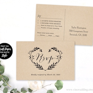 RSVP Postcard Template, Printable Wedding Postcard RSVP Card Template, 6x4, Editable Text, Heart Wreath, VW08