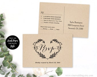RSVP Postcard Template, Printable Wedding Postcard RSVP Card Template, 6x4, Editable Text, Heart Wreath, VW08