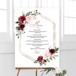 Large Menu Sign, Printable Wedding Menu Sign Template, Editable Wedding Sign, Fall, Plum, Wine, Burgundy Pink Floral, VWT14