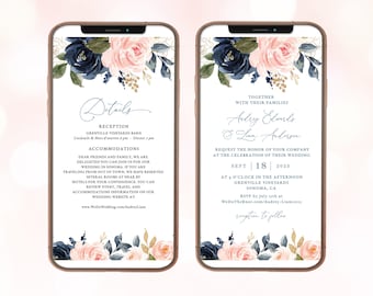 May include: A blue and pink floral wedding invitation with a gold foil accent. The invitation is displayed on a smartphone screen. The text on the invitation reads "Together with their families Audrey Edwards & Liam Anderson Request the honor of your company at the celebration of their wedding Sept 18 2023 at 4 o'clock in the afternoon Grenville Vineyards Sonoma, CA RSVP by July 1st at WeDoTheKnot.com/Audrey-Liam1021 reception to follow"