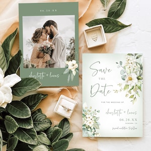 Save the Date Card Template, Editable Photo Save the Date Card, Greenery Save the Date Card, Printable, White Floral, Sage, VWC66