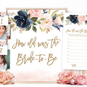 How Old Was the Bride-to-Be Bridal Shower Game, Printable Game Sign, Answer Cards, Photo Numbers 1-8, Navy, Pink, Floral, VWC78